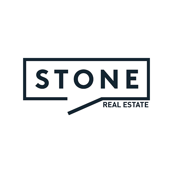 STONE Real Estate logo in dark blue, with a stylized house outline and text on white background