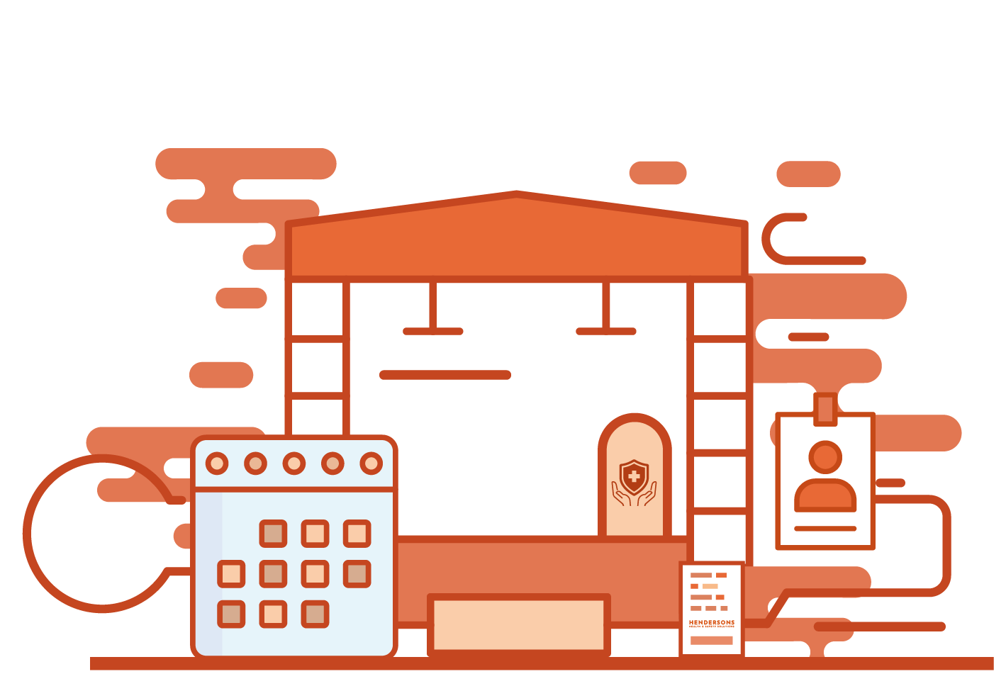 A cartoon illustration of a house with a calendar , id card , and other items.