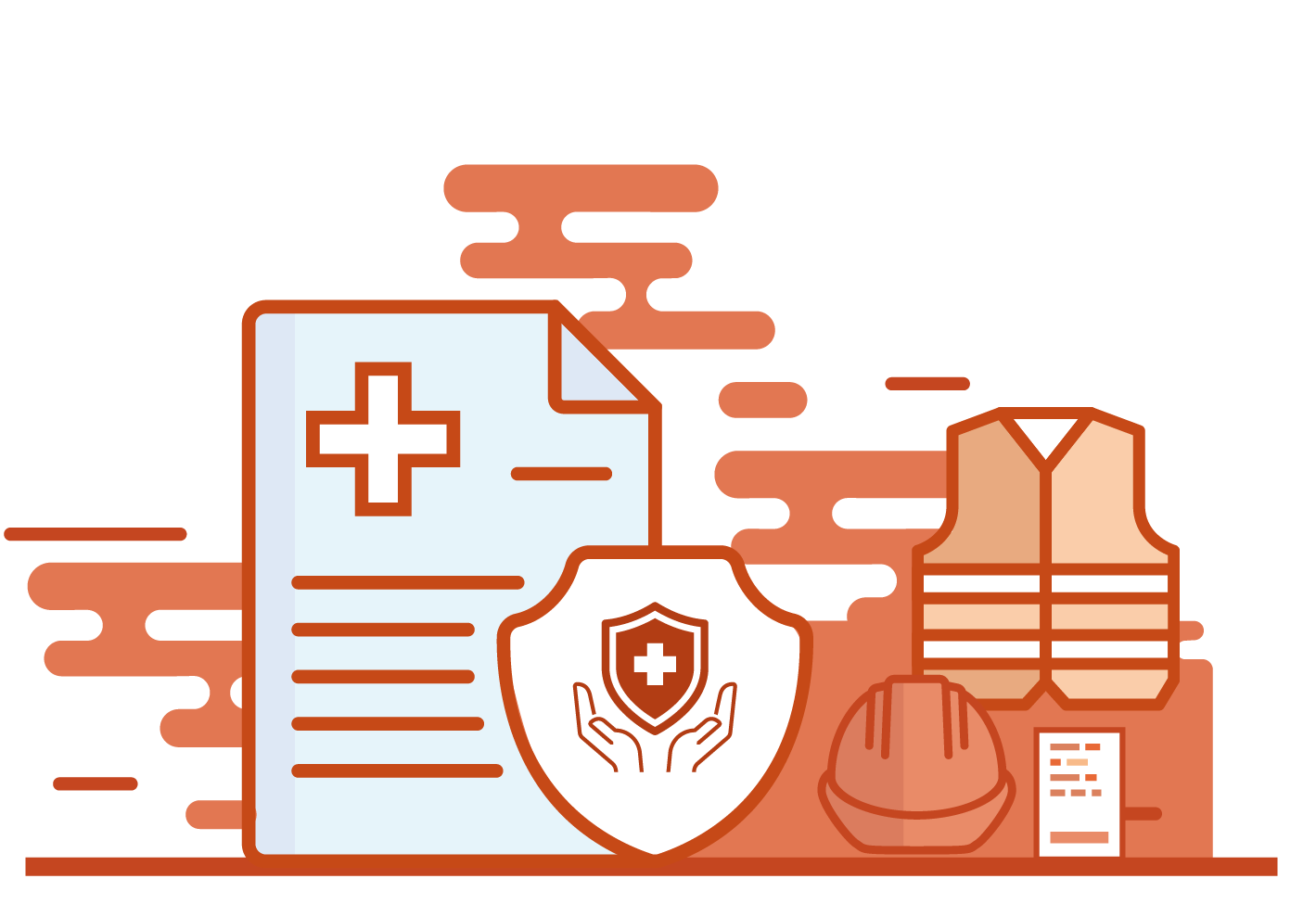 An illustration of a safety vest , helmet , shield , and a medical document.