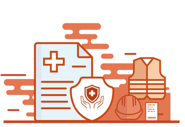An illustration of a safety vest , helmet , shield , and a medical document.