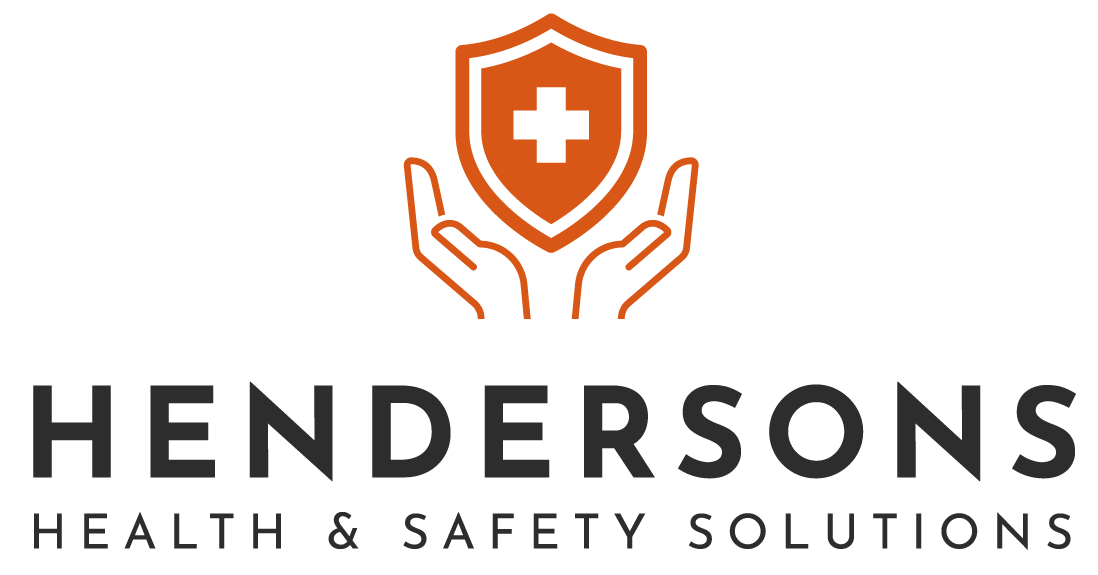 The logo for hendersons health and safety solutions shows two hands holding a shield with a cross on it.