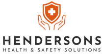 The logo for hendersons health and safety solutions shows two hands holding a shield with a cross on it.