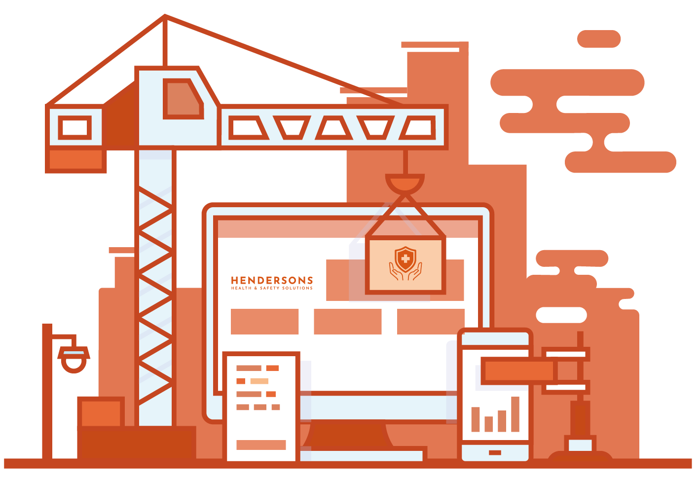 An illustration of a computer being built with a crane.