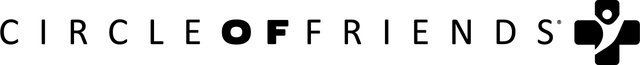 The logo for Circle of Friends features the text in a bold sans-serif font, with an abstract symbol of a person on the right.