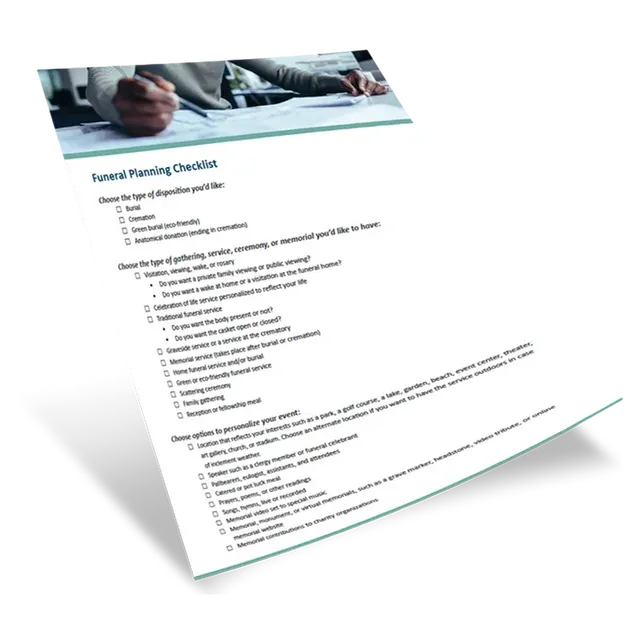 A funeral planning checklist document is angled on a white surface, with an image of someone writing at the top.