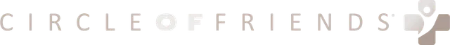 Logo for Circle of Friends featuring white text and a stylized abstract figure in a light brown circle.