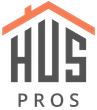 The hus pros logo is a house with a red roof.