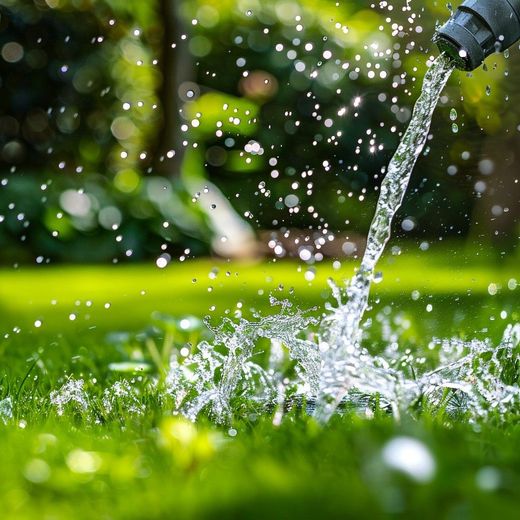 A hose is spraying water on a lush green lawn.