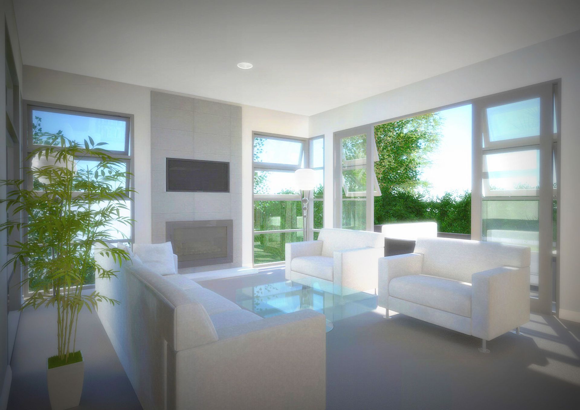 Modern living room with white furniture, large windows, and outdoor view.