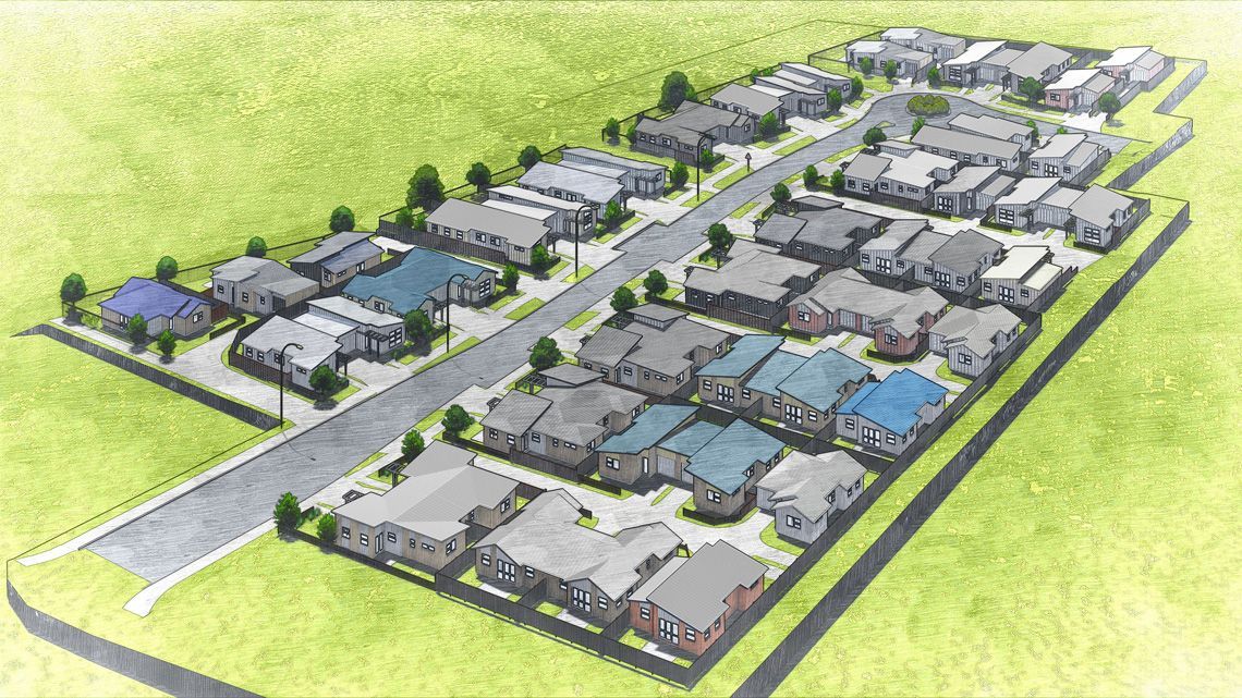 Aerial view of a suburban neighborhood with rows of houses, a road, and green lawns.