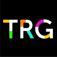 TRG logo with white letters and colorful accents on black background.