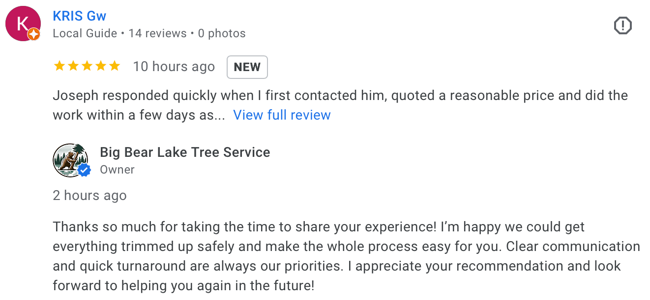 Five-star review for tree trimming service in Big Bear Lake, California.