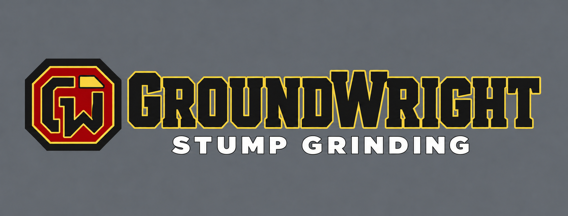 GroundWright Stump Grinding logo with gold-red-and-black emblem and bold text on gray background
