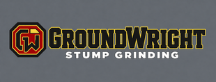 GroundWright Stump Grinding logo with gold-red-and-black emblem and bold text on gray background