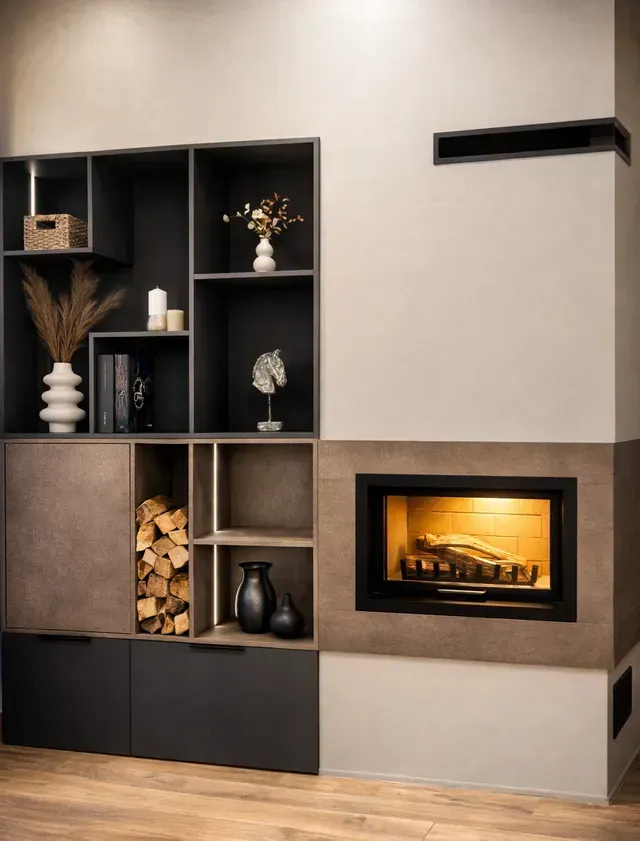 Mur de salon moderne avec étagères noires, rangements en bois et insert de cheminée éclairé