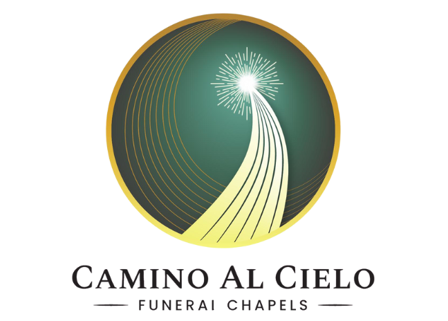 Camino al Cielo Funerales logo with gold and green circular design and white rays above the name