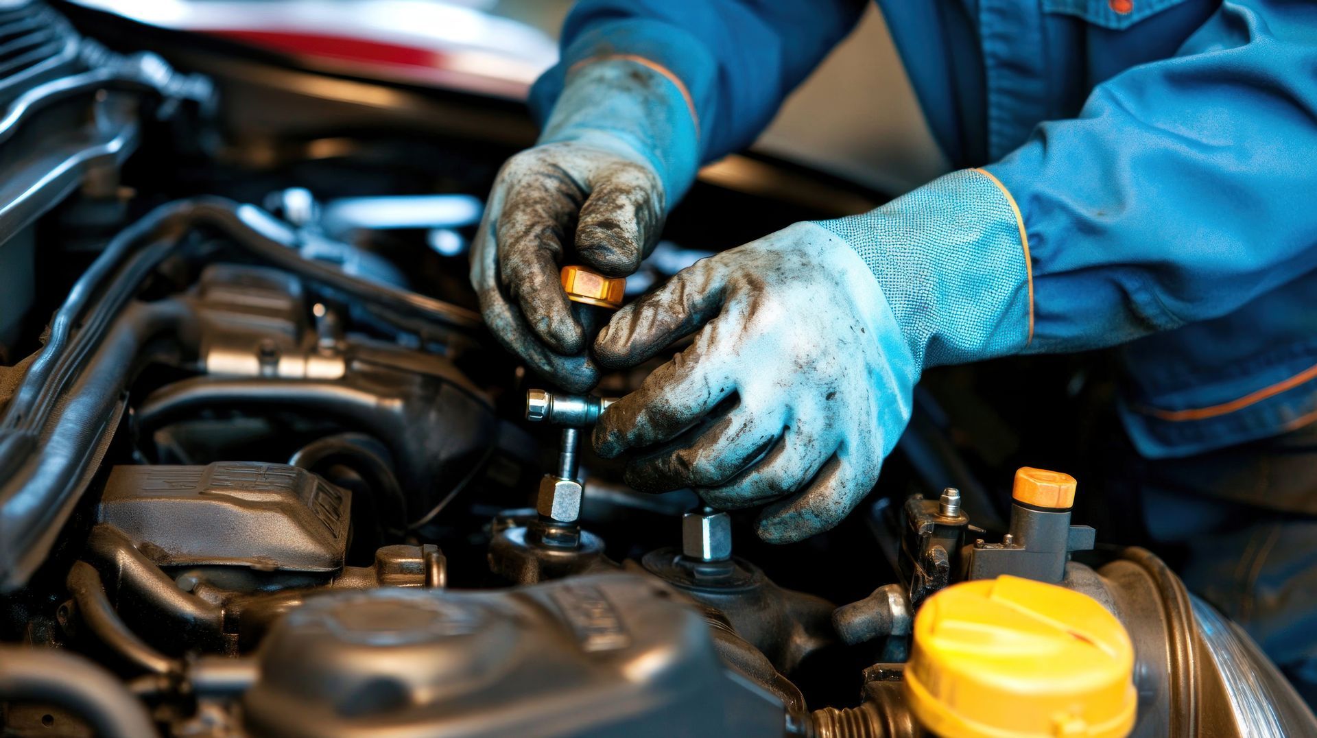 A mechanic is working on the engine of a car.