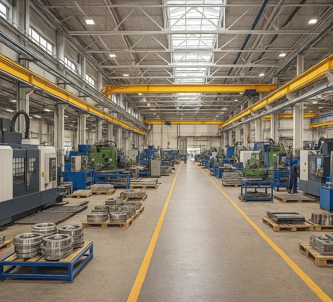 Spacious factory floor with machines, workstations, and yellow overhead cranes in a bright industrial hall