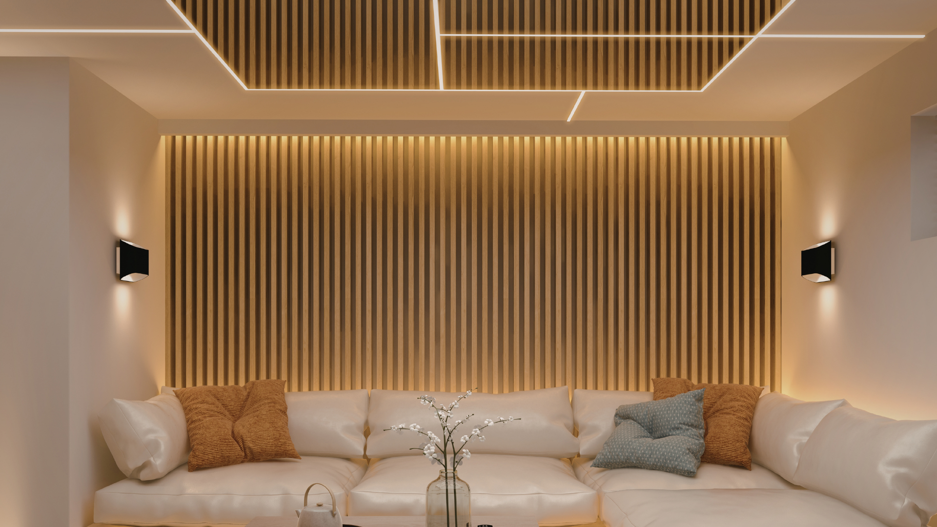 Modern beige living room with a long sofa, warm LED wall lighting, and wood slat accent paneling