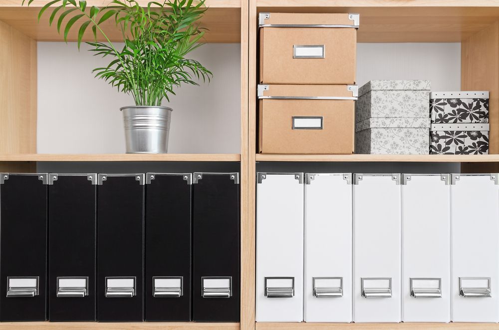 A Wooden Shelf Filled With Binders, Boxes, And A Potted Plant — Howlett's Mini Storage In Bundaberg East, QLD