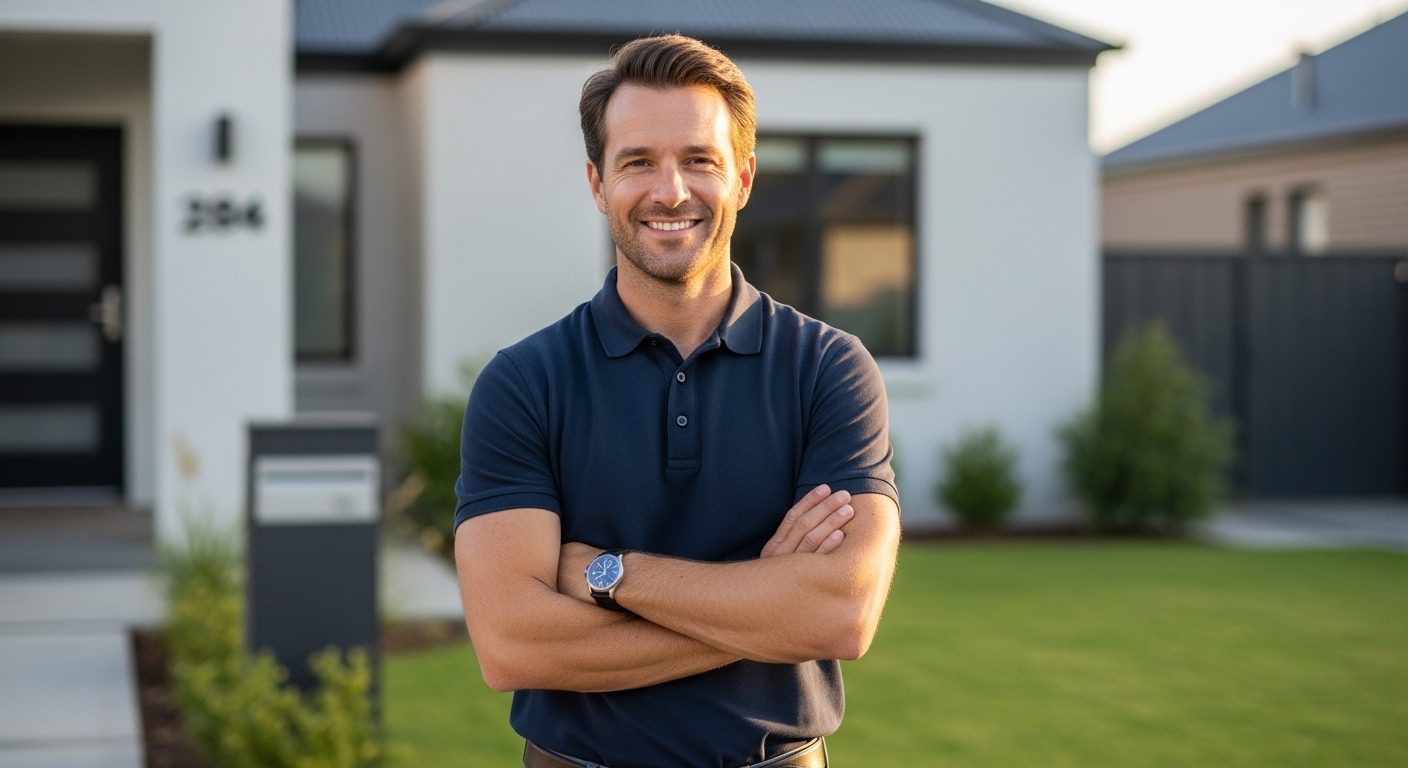A smiling person with arms crossed, wearing a dark polo shirt, standing on a lawn in front of a modern white house.