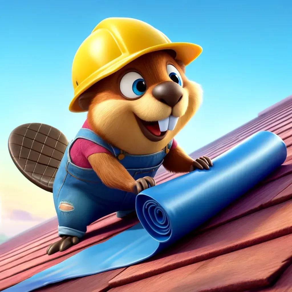 Red Beaver Construction mascot placing a tarp on a storm-damaged roof.