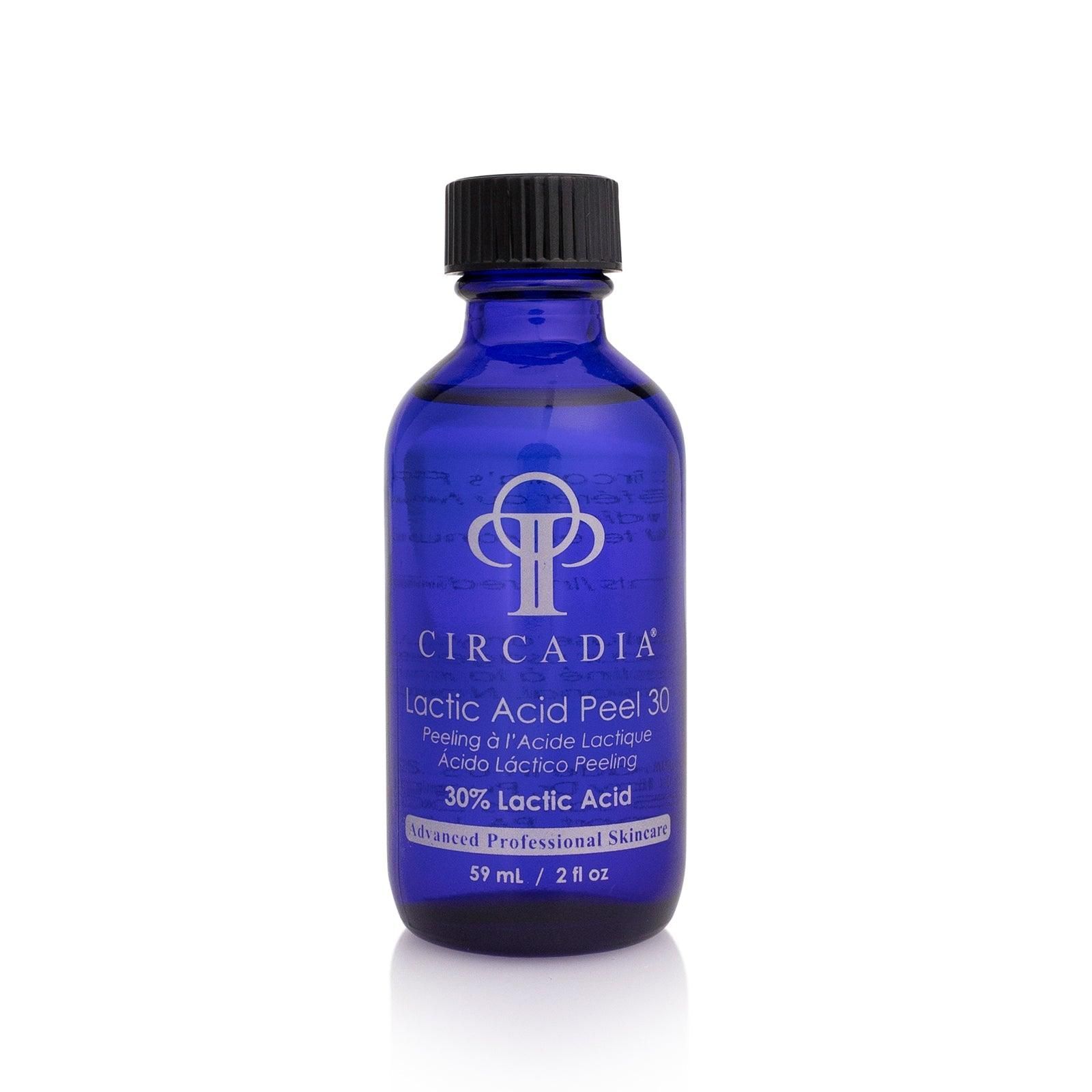 Blue bottle of Circadia Lactic Acid Peel 30 solution with a black cap. Contains 30% lactic acid.