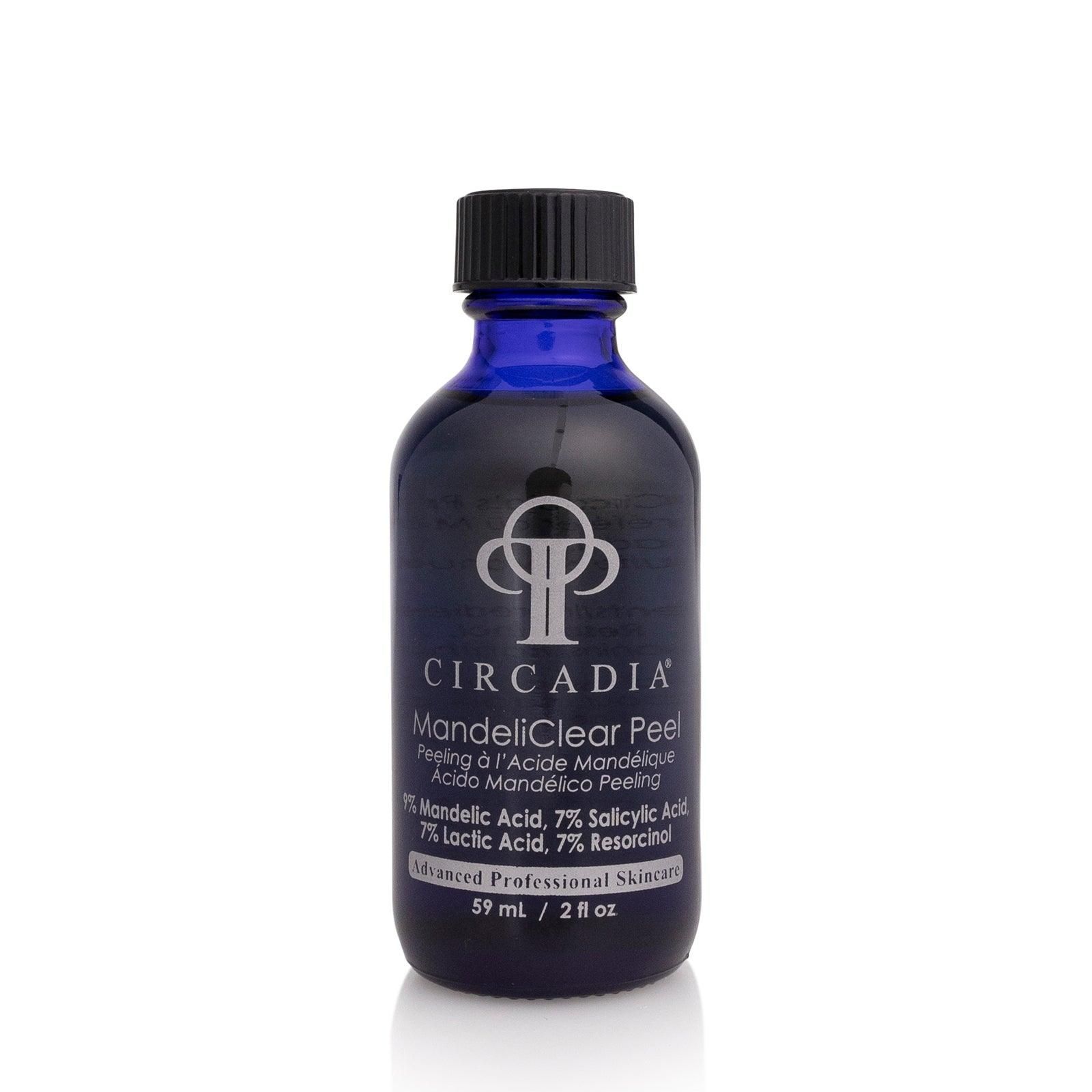 Blue bottle of Circadia MandeliClear Peel, black cap, white label with text.
