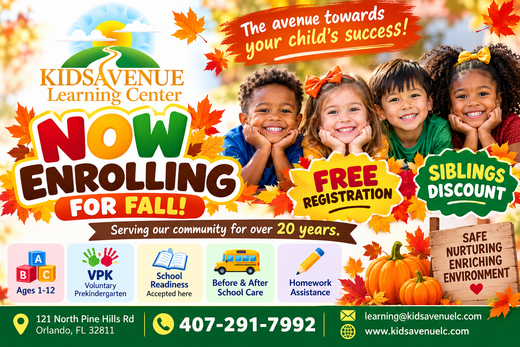 Kids Avenue Learning Center flyer with children, autumn leaves, now enrolling for fall 2026, 20% off first week.