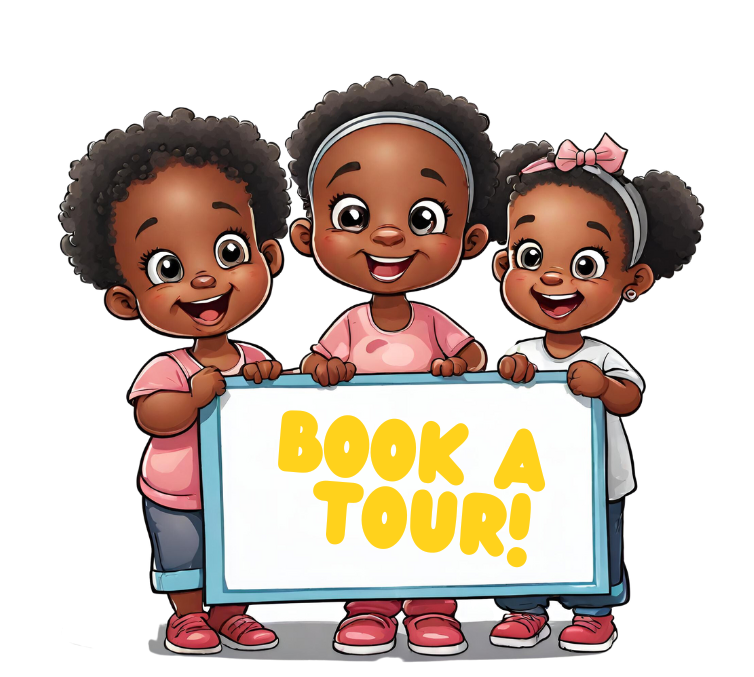 Three little girls are holding a sign that says book a tour