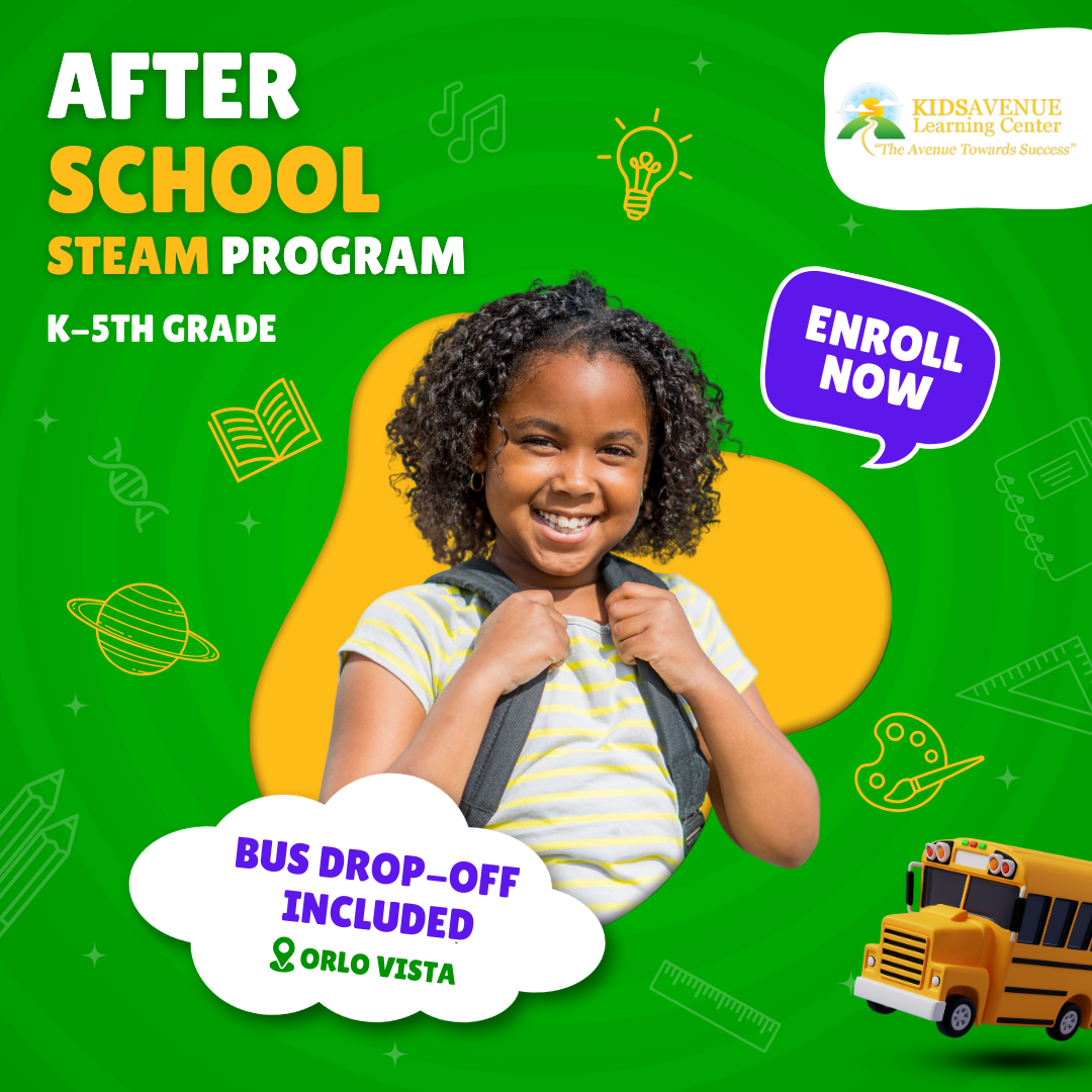 A girl with a backpack is standing next to a school bus on a green background.