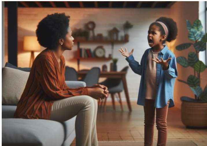 A woman is sitting on a couch talking to a little girl.