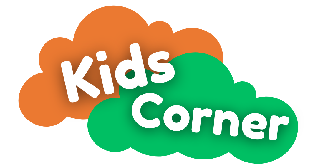 A logo for kids corner with an orange cloud and a green cloud.