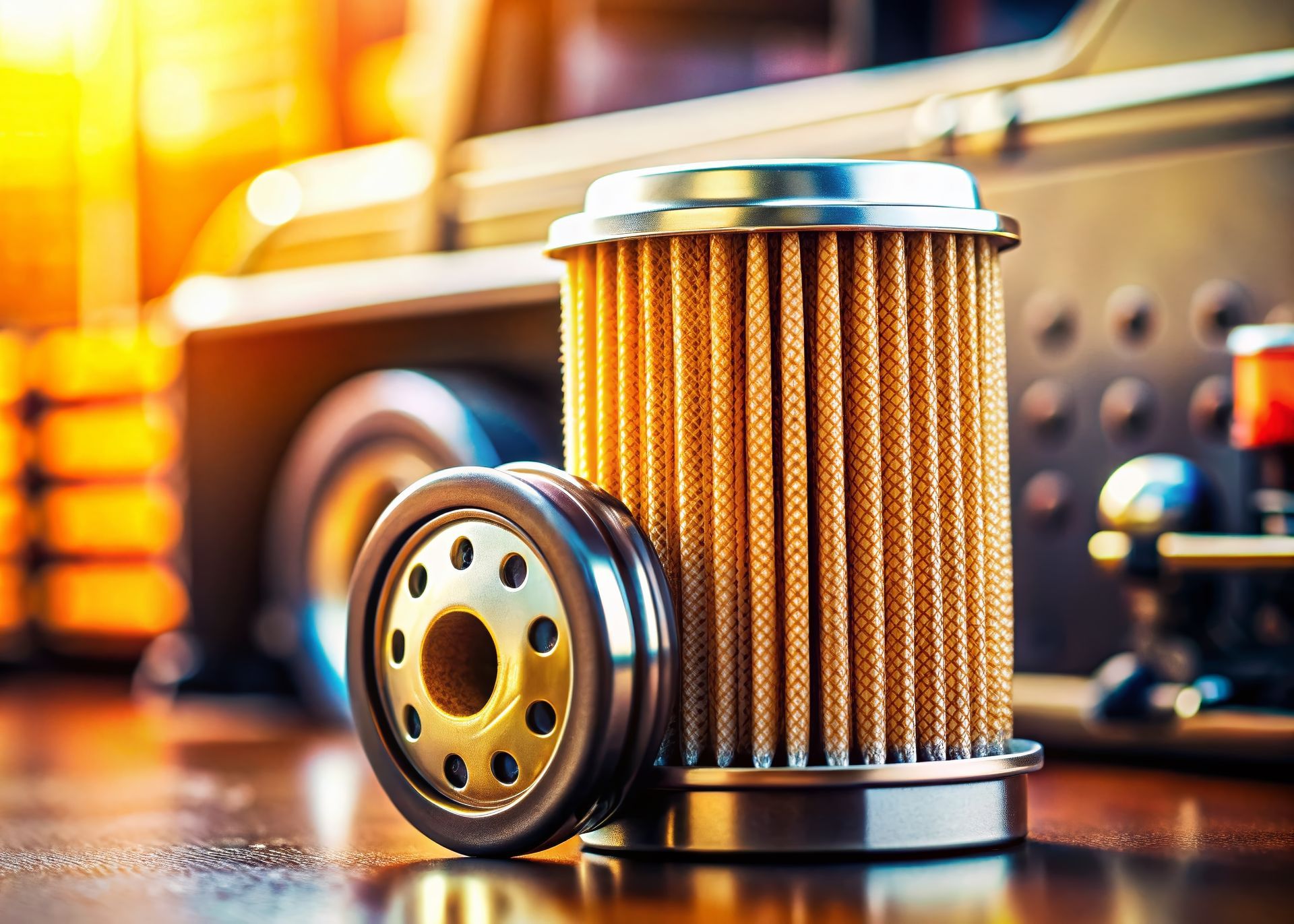 Oil filter and component on a reflective surface, with background of a vehicle engine.