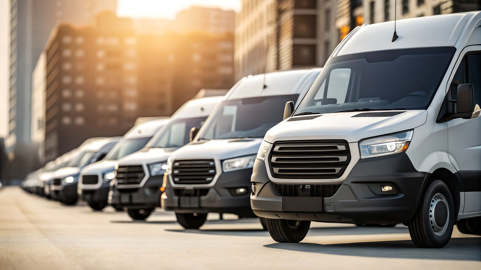 A row of white cargo vans parked on a city street.
