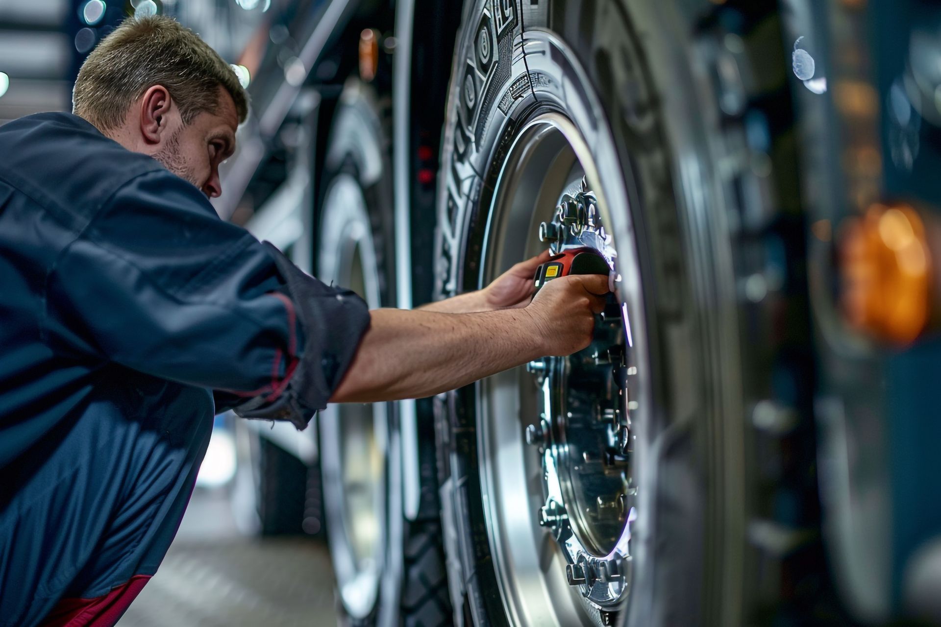 Mechanic checking a truck wheel with a tool in a garage.
