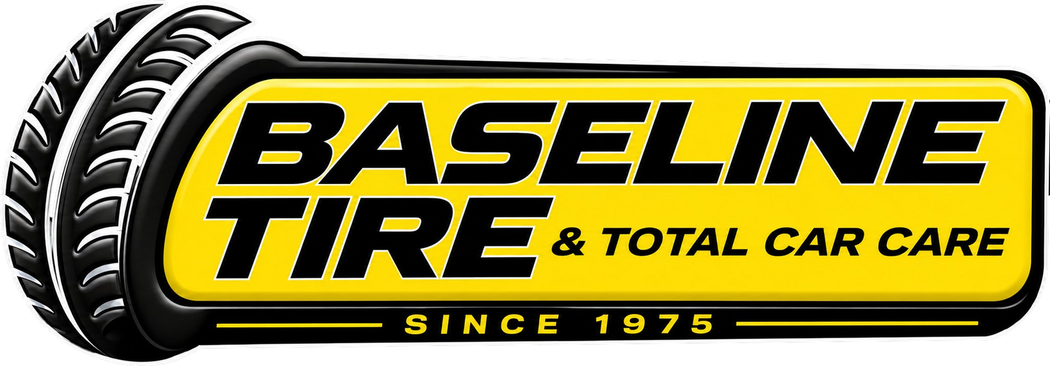 Logo for Baseline Tire Total Car Care. Features tire graphic and yellow checkered background.
