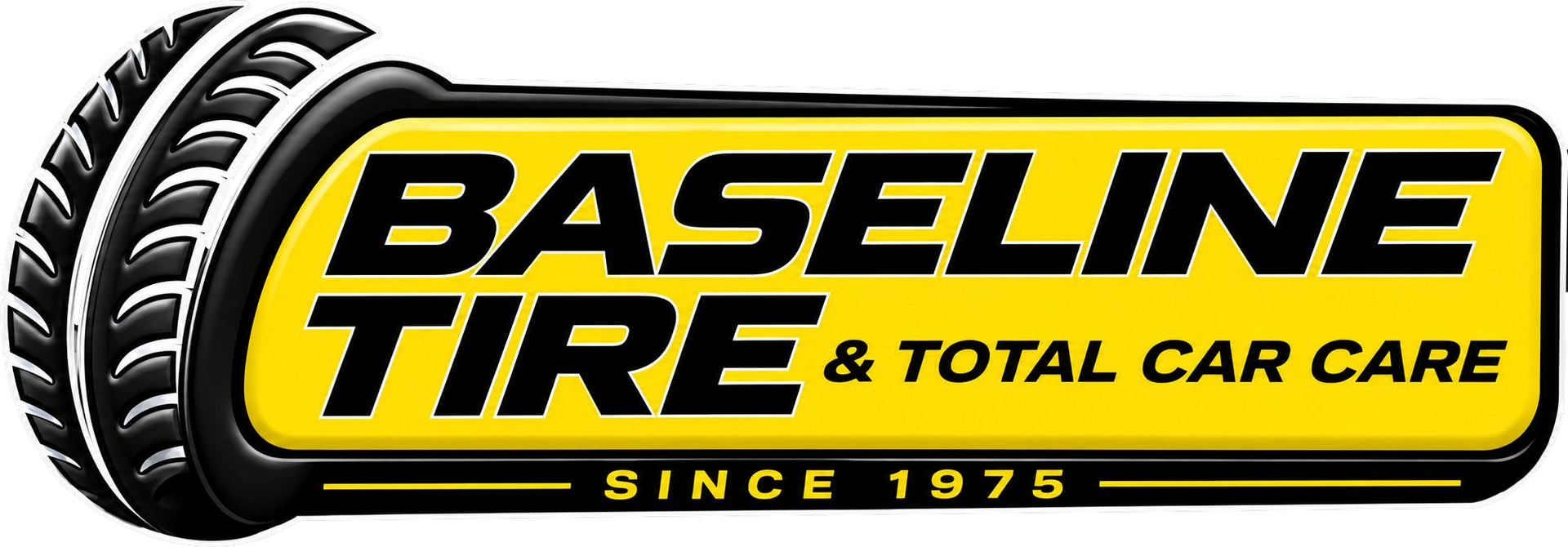Logo for Baseline Tire Total Car Care featuring a tire graphic and a yellow checkered background.