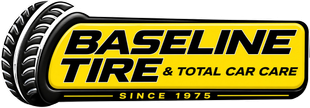 Logo for Baseline Tire Total Car Care. Features tire graphic and yellow checkered background.