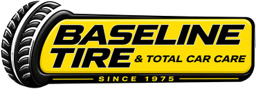 Baseline Tire & Total Car Care logo with yellow and black tire graphic, “Since 1975” tagline