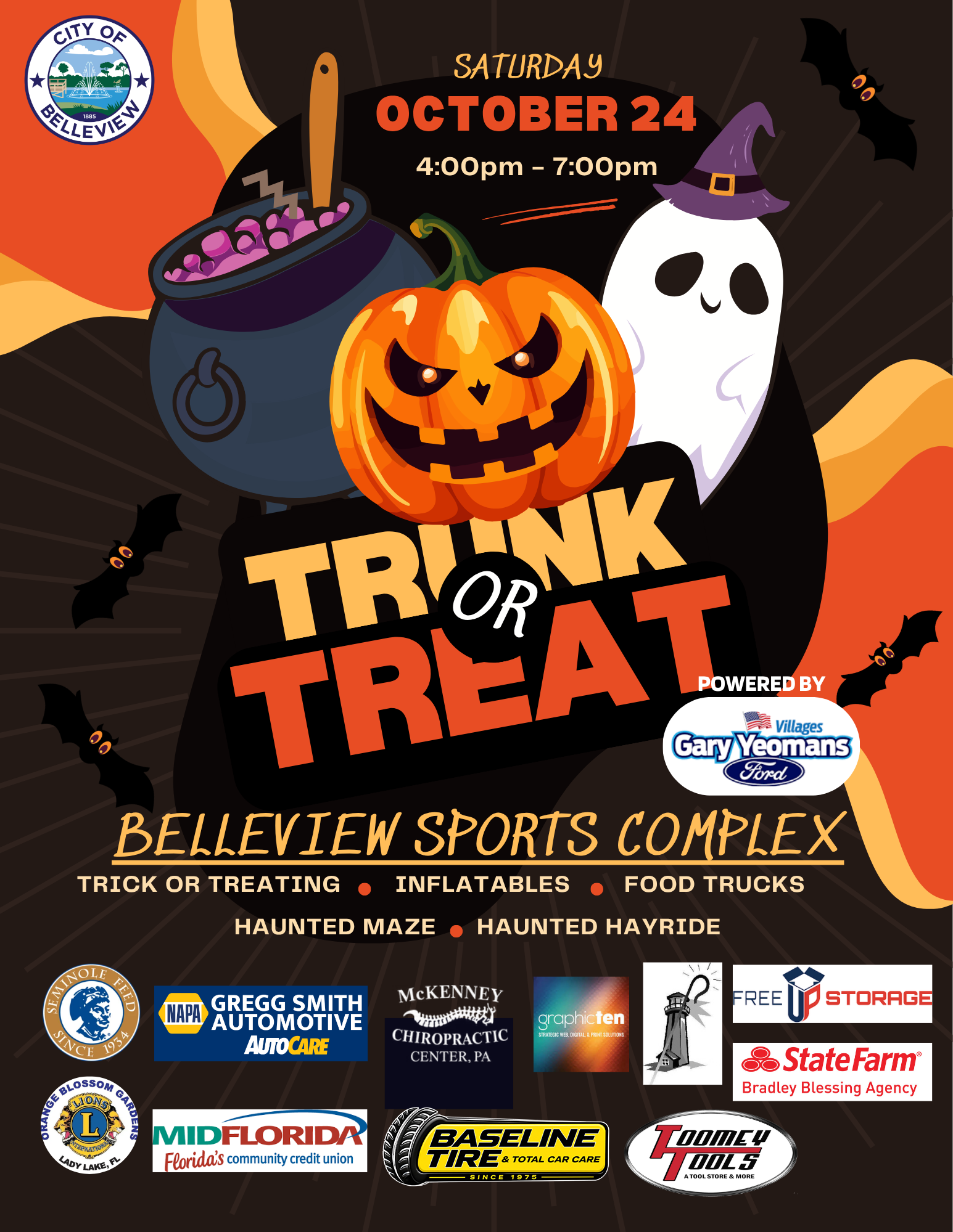 Halloween “Trunk or Treat” poster with pumpkin and ghost, October 24 at Bellevue Sports Complex.