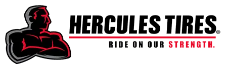 Logo for Hercules Tires, featuring a muscular figure in red with a black outline, and the company name.