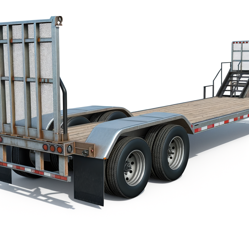Flatbed trailer with rear and side safety rails, on a white background.