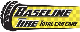 Logo for Baseline Tire Total Car Care. Features tire graphic and yellow checkered background.