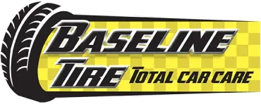 Logo for Baseline Tire Total Car Care, features a tire graphic and a yellow background with the company name.