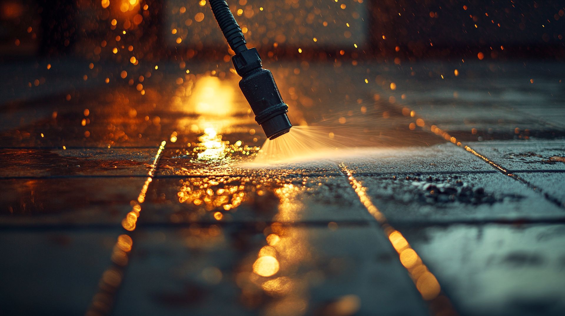 A power washer nozzle sprays water onto a wet, dark paved surface, creating bright reflections and sparkling mist.