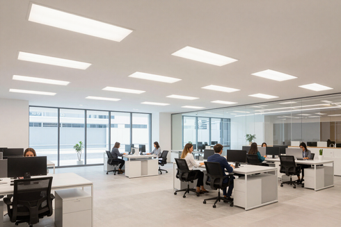 Oficina luminosa y diáfana con gente trabajando en escritorios bajo luces de techo y grandes ventanales.