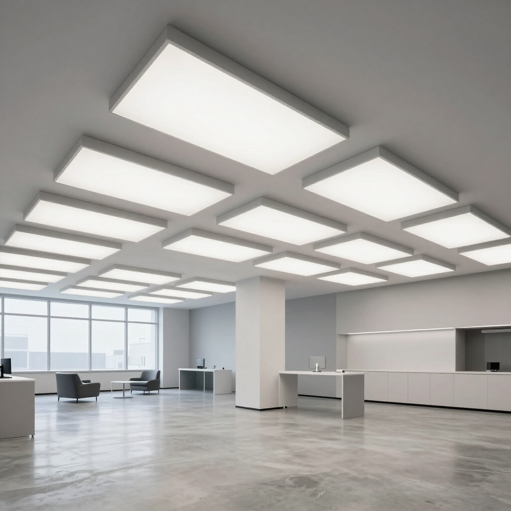Oficina moderna de planta abierta con luces blancas en el techo