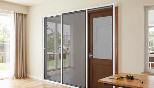 Puertas corredizas de vidrio con mosquiteras blancas que dan a una habitación luminosa con una mesa de madera.