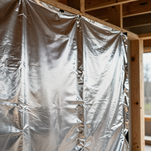Paneles aislantes reflectantes plateados fijados a una estructura de madera en el interior de una habitación sin terminar.